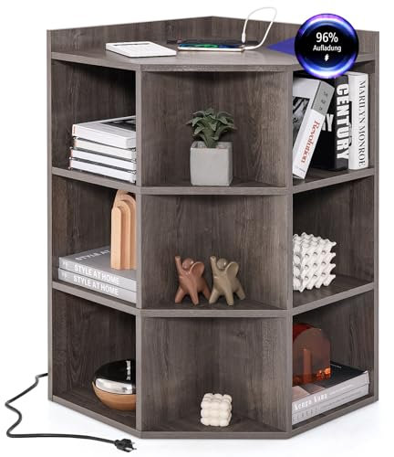 COSTWAY 3-stöckiges Eck-Bücherregal mit Ladestation, Eckregal mit 9 Fächern, 2 USB-Anschlüssen & 4 Steckdosen, Aufbewahrungsregal für Schlafzimmer, Wohnzimmer (Graue Eiche)