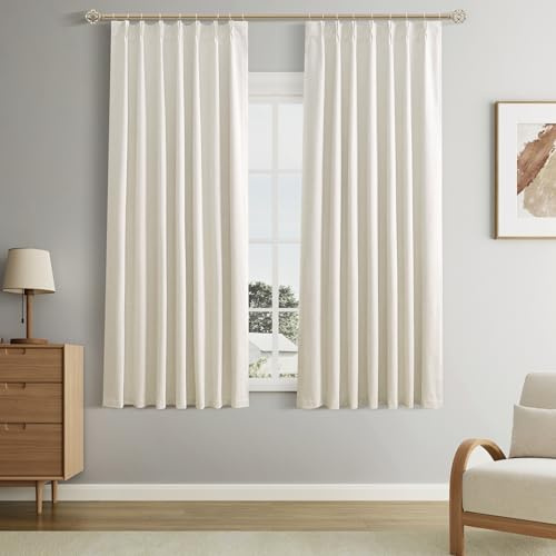 Jowels Pinch Pleated Linen Blackout Curtains 63 Inches Long for Living Room 2 Panel Set Beige 100% Black Out Pinch Pleat Hooks Rings Back Tab Drapes 63 Inch Curtain with Liner Bedroom Window