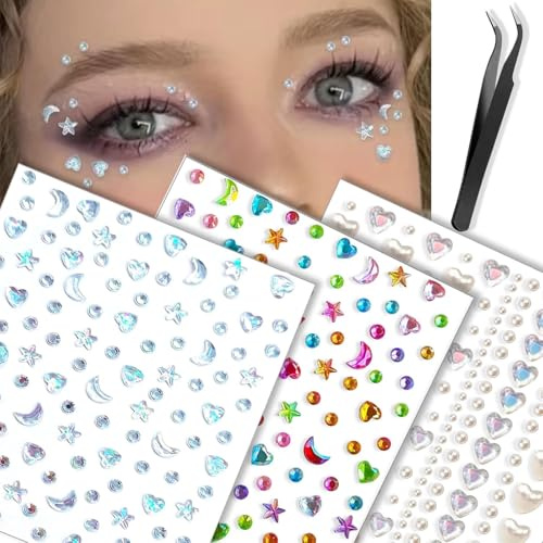 LunarCharm Pegatinas autoadhesivas con piedras preciosas para la cara, joyas para el cabello, joyas faciales, joyas para los ojos, diamantes de imitación, pegatinas de diamantes de imitación para