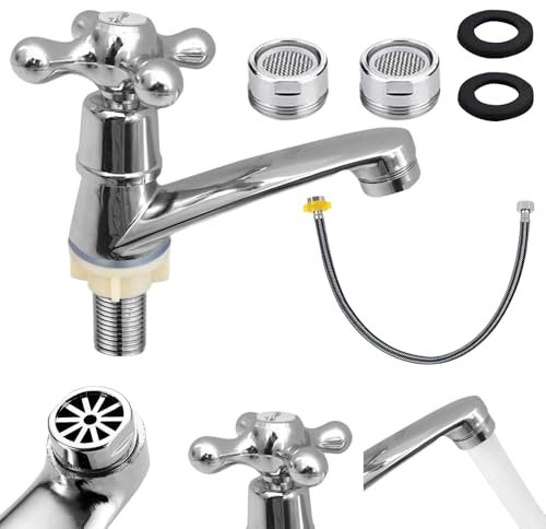 Mineup Einfache Kaltwasserhahn, Wasserhahn Kaltwasser, Waschbecken Kaltwasserhahn, Kaltwasserhahn, Gäste-WC, Wasserhahn Bad, Kaltwasserhahn mit 60 cm Anschlussschlauch für Badezimmer Küche Waschbecken
