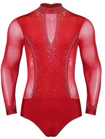MSemis Body da Pattinaggio Artistico Uomo Camicia Body da Ballo Latino Americano Manica Lunga Bodysuit da Danza Classica Ginnastica Ritmica Costume da Sala da Ballo Rosso L