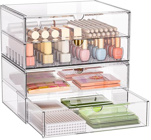 SortNStore Set di 2 organizer in acrilico con 4 cassetti larghi, impilabile con cuscinetti antiscivolo, per trucchi e cosmetici, organizer da scrivania