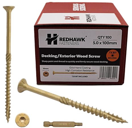 Redhawk Fasteners® Boîte de 100 vis à bois pour terrasse/extérieur 5 x 100 mm Revêtement Nano doré résistant à la corrosion Entraînement Torx T-25 Embout inclus