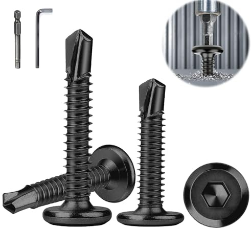 Hexizexi 100 Pièces Vis Autotaraudeuses en Acier Inoxydable M5.5x25mm 410 Tête Plate à Six Pans Creux Autoforeuses Noires avec Tournevis Clé Allen et Six Pans Creux