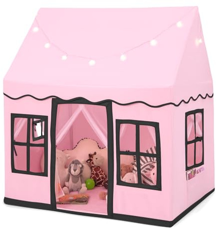 HOMASIS Tienda de Campaña Infantil de Algodón, Casa de Juegos Infantil con Luces de Estrellas y Bolsa y Alfombrilla de Transporte, para niños y niñas, 121x101x137cm (Rosa, sin Alfombrilla)