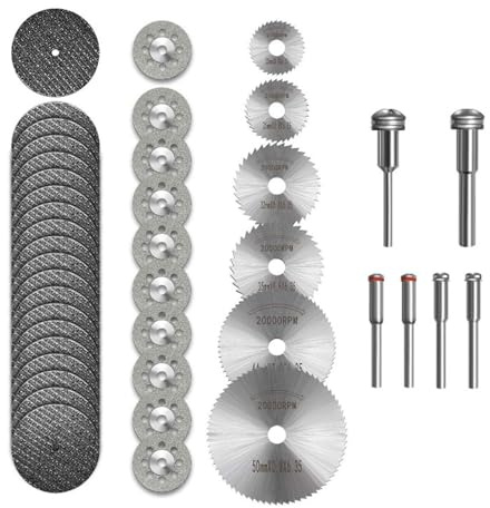 Juego de 32 discos de corte para herramientas rotativas, incluye discos diamantados, hojas sierra HSS y discos resina, para madera, metal, plástico, piedra, vidrio, con mandril 3mm para proyectos bric