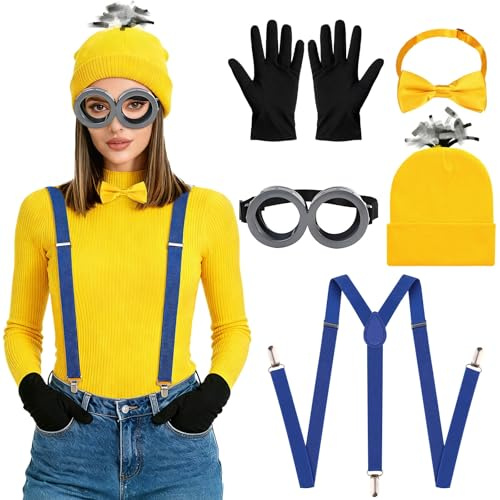 5/7PCS Yellow Cosplay Costume Accessories Set Adults, Fancy Dress Set With Goggles Yellow Knit Hat Blue Shoulder Strap Black Gloves Bow Tie Socks for Halloween Party World Book Day Dress Up Carnival