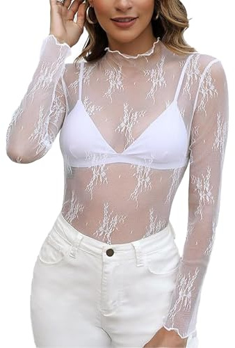 ZXTGBQ Women's Mesh Top Lace Floral Long Sleeve Sexy See Through Shirts Y2K Lace Tops Layering Blouses