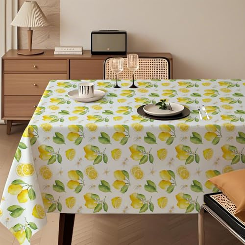 Kiatuniya Mantel Moderno Limón Decoración de Mesa Estampado con Limones Flores y Hojas Verdes 140x200 cm Rectangular Lavable para Mesa de Jardín Comedor o Fiestas de Verano