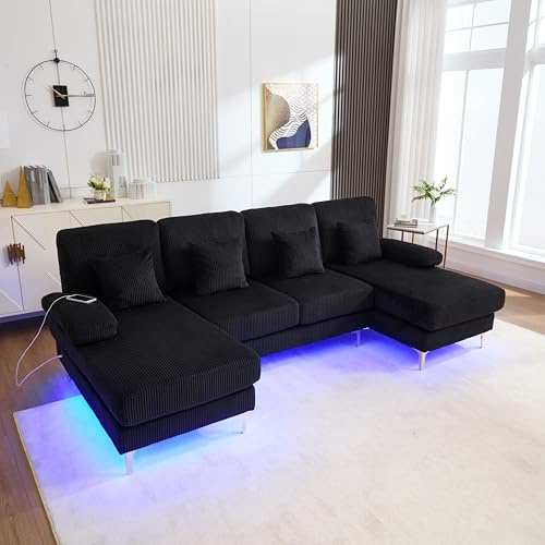 Yihomfy Canapé Moderne en Forme de U avec éclairage d'ambiance LED et Port USB+Type-C,canapé 4 Places avec 4 Coussins Luxueux et Dossier Ergonomique Haut de Gamme,Velours (Noir)