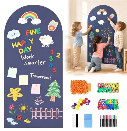 Yuragim - Lavagna magnetica autoadesiva, 100×45 cm, lavagna magnetica curva per cameretta dei bambini a forma di arco con gessetti, portamatite, magneti per animali e lettere e panno per la pulizia