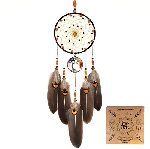 Urdeoms Tree of Life Dream Catchers for Bedroom Adult Brown Boho Dream Catcher Wall Decor for Girls Chakra Crystal Healing Stones Hanging Ornament Room Decoration 18 Length(NO.12)