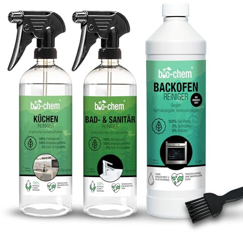 bio-chem Küchenreiniger Set 4-teilig: 1x Backofenreiniger + Pinsel, 1x Küchen Reiniger & 1x Kalkreiniger - Gegen starke Verschmutzungen für Küche, Backofen, Küchenfronten & Armaturen - Made in DE