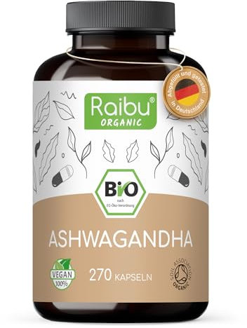 Ashwagandha BIO - 270 Gélules - Extra Fort : 2400 mg/jour - Ashwagandha Biologique Certifiée (Ginseng Indien/Withania Somnifera) - Sans Additifs, Végétalien - Pour votre Bien-être - Raibu