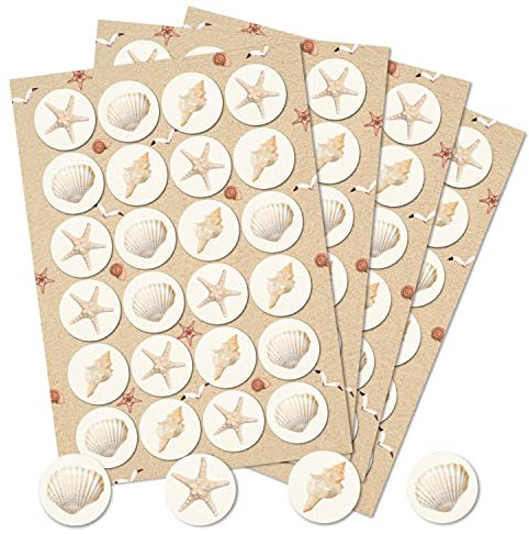 Aufkleber Muscheln & Seestern, 96er Set: Maritime Sticker, Deko Sommer, Meer & Strand, Aufkleber Maritim, Für Karten, Geschenke & Party, Dekosticker Klein, Muschel-Dekoration, Sand/Beige, Ø 4 cm