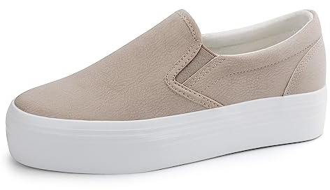 JABASIC Women Slip-on Platform Loafers Casual Comfortable Loafer Shoes (8,Beige)