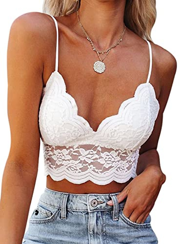 heekpek Debardeur Femme Eté en Dentelle Sexy Col en V Haut Chic Bralettes Bretelles Spaghetti Haut Court Crop Top, Blanc, Taille S