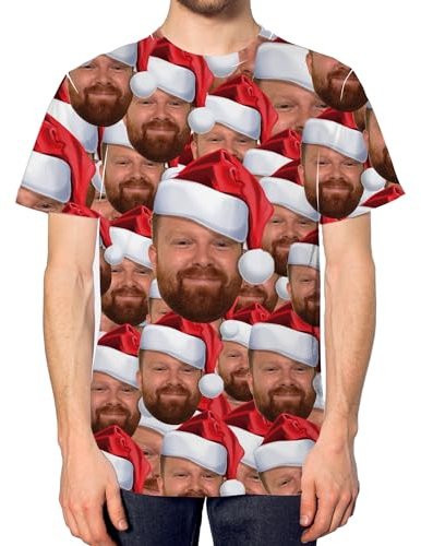 Personalised Funny Face All Over Santa T Shirt Men Custom Xmas Top Father Christmas Tee, XL, White