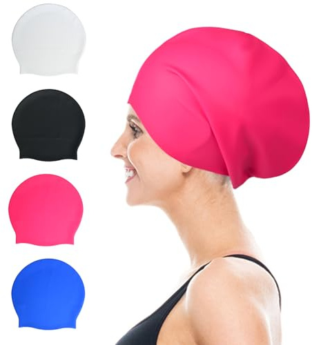 Swimming Cap for Long Hair, Extra Large Swimming Cap for Women Waterproof Silicone Swimming Hat for Long Hair, Weaves, Braids, Afro, Adult Swimming Hat Swim Cap (ROSE RED)