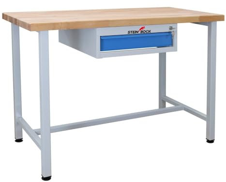 Steinbock Werkbank mit 1 Schublade | 300 kg Tragkraft | HxBxT 84 x 120 x 60 cm | Lichtblau | 4 cm Starke Massivholz-Arbeitsplatte | stabiles Stahlgestell | Made in EU | Profi-Werkbank | Arbeitstisch