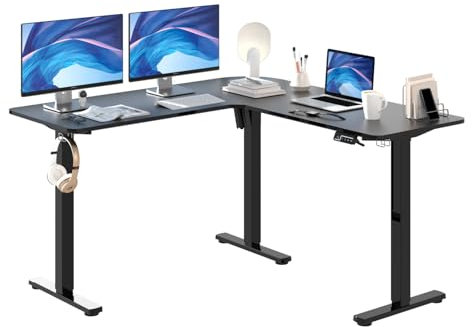 ERGOMAKER L Shaped Standing Desk, Corner Standing Desk with Memory Control, 129x50cm Electric Height Adjustable Desk with Hooks, Sit Stand Desk for Office Home, Black