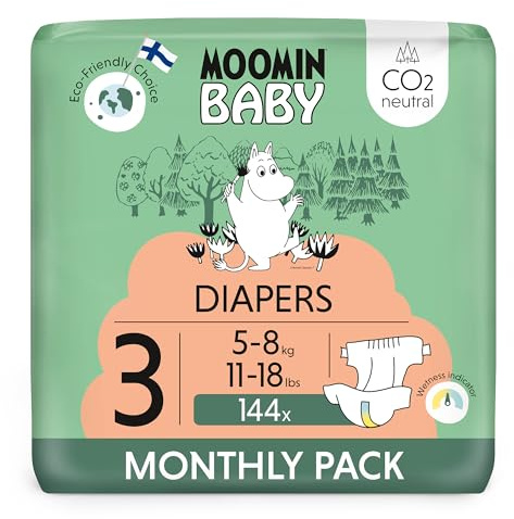 Moomin Baby ekologiska blöjor storlek 3, 5–8 kg 144 stycken månadslåda, mjuka premiumblöjor, mjuka och hudvänliga, andas, absorberande, inga onödiga kemikalier