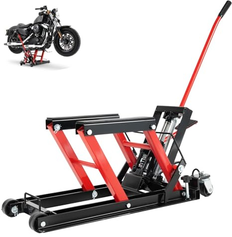 Ponte sollevatore per moto, 680 kg, idraulico con ruote, facile da usare, pieghevole, piattaforma di sollevamento (rosso)