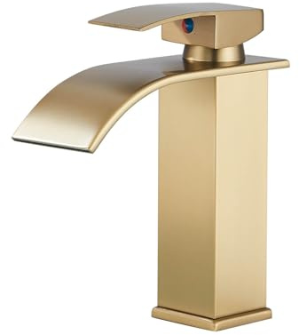 Hevenaov Grifo de baño cascada, grifo de lavabo dorado cepillado, latón monomando, grifo monomando para lavabo, ajustable en caliente y frío, grifo de baño, ahorro de agua
