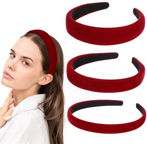 HJZHII 3 cerchietti in velluto rosso, 3 misure, da donna, 1 cm, 2 cm, 3 cm, colore rosso, in velluto Dirndl, tinta unita, semplice e alla moda, per ragazze e donne