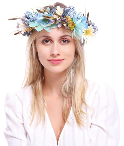 TangDao Diademas de flores mujer Corona de pelo con cinta ajustable Guirnalda con Pulsera para playa, boda, fiesta vacaciones (Azul y beige, Media)