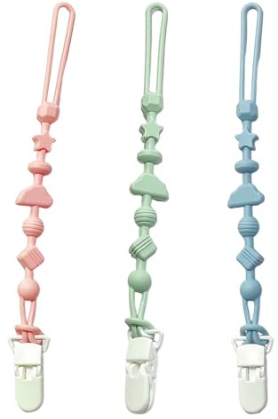 3 Pack Silicone Dummy Clip- Silicone Pacifier Clips for Baby Boys and Girls, Soother Clips, One Piece Design Pacifier Clips Holder, Fits Most Pacifiers and Teething Toys (Pink+Blue+Green)