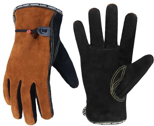 HANDLANDY Guantes de trabajo de cuero, guantes de trabajo de cuero vacuno a prueba de espinas, para soldadura Tig Mig, carpintería, conducción, manejo de herramientas, jardinería (negro-camello, L)