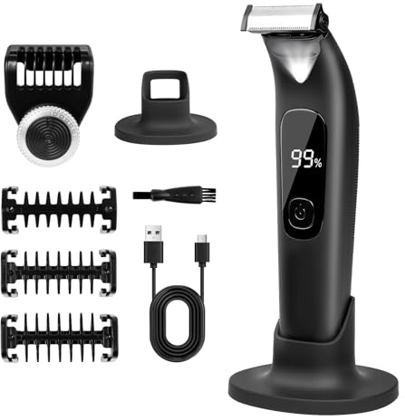Carehabi Tondeuse Intime Homme, Tondeuse Corps Homme IPX6 Étanche avec LED, Guides de Coupe et Support, Tondeuse Corps Visage Humide/Sec pour Barbe, Parties Intimes, Poitrine, Jambes