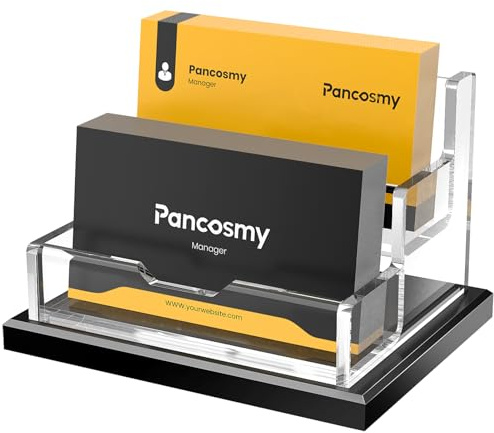 Pancosmy Business Card Holder 2 Tiers，Card Holders Stand with Black Base, Clear Acrylic 2 Slots Card Display for Office, Home and Restaurant Counter, Holds Up to 120 Cards