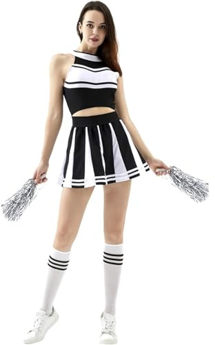CNYUON Cheerleading Kostüm Faltenrock Performance Uniform mit Accessoires(Black,L)