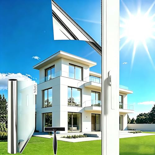 wonderffolie Reflective One Way Window Film Privacy 90x200cm Silver Mirror Window Tint Film UV Heat Control Sun Blocker Anti Glare Film Clear Day and Night Thermal Solar