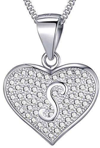 MASADA Cadena con Inicial de Plata Esterlina 925 - Colgante con Letra S con Piedras de Circonio - 46cm de largo - Bolsa de Terciopelo