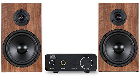 McGrey BMS-80 BR Microcadena Estéreo - Incluye Mini Amplificador y Cable de Altavoz - Entrada Cinch y AUX - 80 vatios - marrón