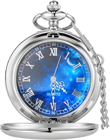 Tiong Silver Pocket Watch Smooth Steel Blue Starry Design Roman Numerals Quartz Pocket Watch with Chain Father Day Birthday Gift