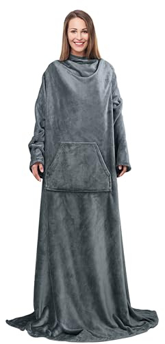 Catalonia Classy Coperta con maniche e cappuccio per donna, morbida coperta coccole con braccia, regalo caldo per Natale, regalo accogliente per moglie fidanzata, 185 x 140 cm grigio
