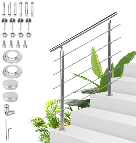 Sonnewelt - Corrimano in acciaio inox - Ringhiera per scale 120 cm con 5 barre trasversali per interni ed esterni, ringhiera di ingresso di alta qualità per balcone, scala e ringhiera