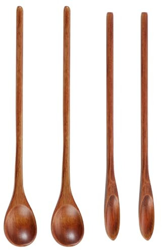 Lot de 4 cuillères en bois pour manger, cuillères en bois de 19,8 cm pour la cuisine, le mélange, les mélanges, les cuillères en bois à long manche, cuillère à miel en bois avec belle texture de bois