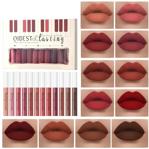 12 Colors Matte Liquid Lipstick Set Velvety Lip Gloss Lip Kit Waterproof Long Lasting Wear Nude Lip Gloss Beauty Cosmetics Gift Box Set (Set C, Set C)