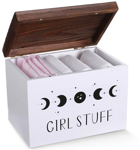 Yousoontic Tampon Holder for Bathroom Feminine Wood Container Box 8 x 5 x 6 Inch Pad Organizer Case Hinged Lid Moon Phrase Tampon Dispenser Farmhouse Girl Stuff Box for Bathroom Accessory (Girl Stuff)