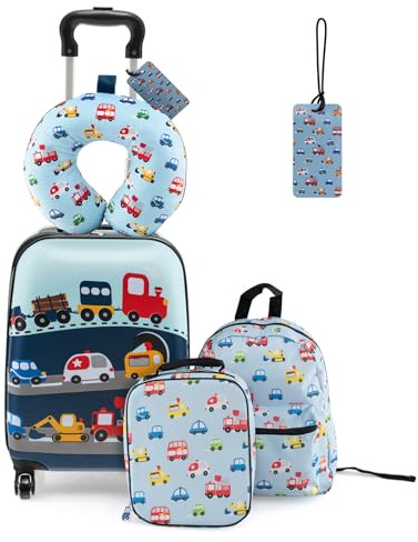 SOARS Voyage Enfant 5 Pièces, 16 Valise Cabine Enfant à Roulette et Poignée Télescopique, avec Sac à Dos, Coussin de Nuque, Sac à Déjeuner et Étiquette de Bagage, Valise Enfant Fille & Garçon 3+ Ans
