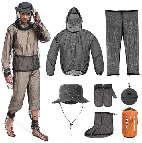 Set di 5 tute antizanzare con cappello a rete per la testa del moscerino, protezione contro le zanzare, giacca, guanti e pantaloni leggeri rete estivi per pesca, campeggio, caccia, unisex