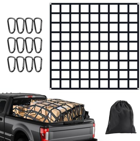 Flat Bungee Cargo Net for Pickup Truck Bed – Highly Elastic, 1.22x1.22m to 2.9x2.9m, 25mm Mesh, 12 Hooks, 4 Grommets – Compatible with Toyota, Ford, Chevy, Dodge RAM