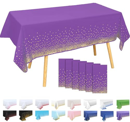 Lot de 6 Nappes Plastiques à Pois Fond Violet Foncé avec Pois Dorés 137x274 cm – Nappe Rectangulaire Réutilisable pour Fête Anniversaire, Décoration Table Événement Sportif, Imperméable Anti-taches