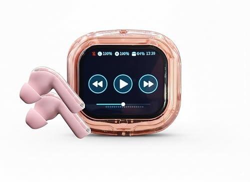 QUOX Air MAX Q20 Auriculares Bluetooth con Pantalla LCD Táctil Multifunción – Estuche con Indicador Digital, Auriculares Inalámbricos Estéreo HD con Cancelación de Ruido (Rosa)