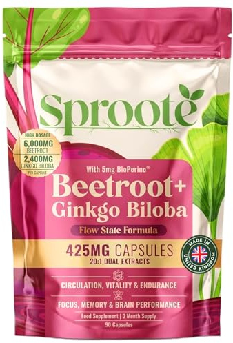 Sproote Beetroot + Ginkgo Biloba Capsules | Nitric Oxide Support | Focus, Memory & Circulation Support | 20:1 High Strength Extracts | Equivalent to 6000mg Beetroot & 2400mg Ginkgo | 90 Vegan Capsules